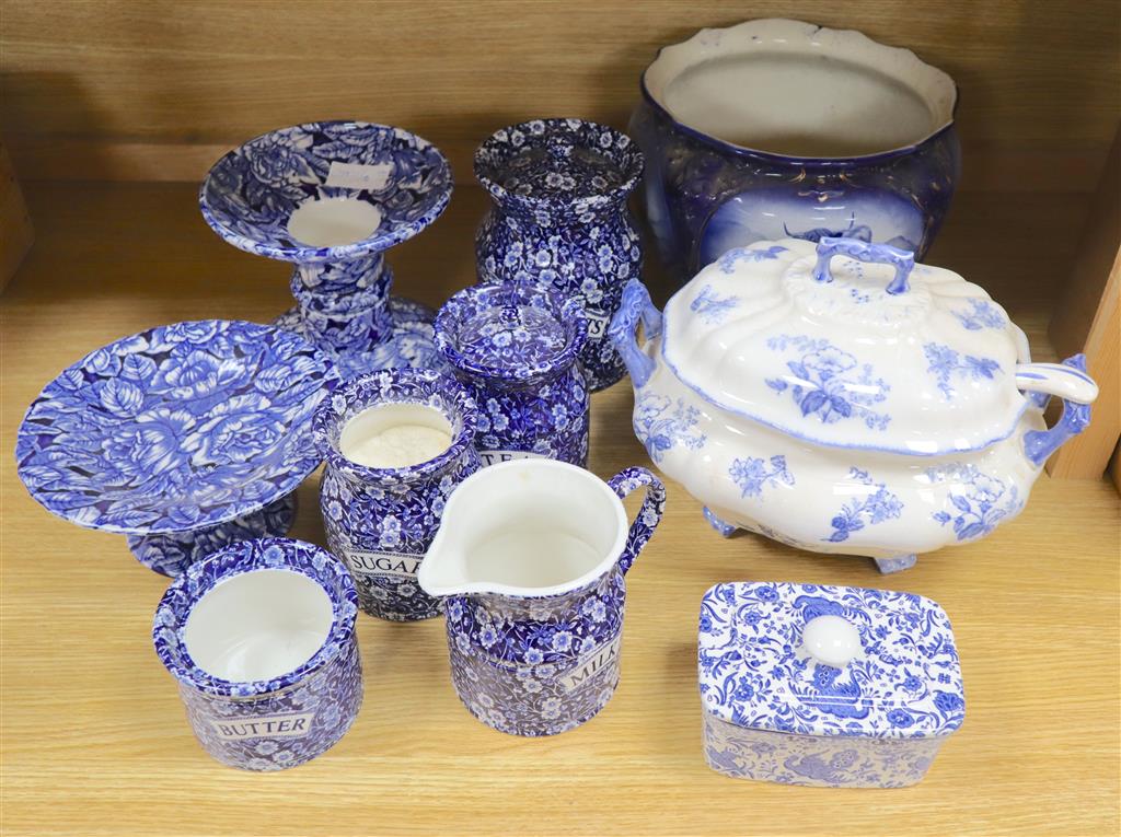 A group of Burleigh ware callico jugs and jars, soup tureen, ladle, butter dish and jardiniere